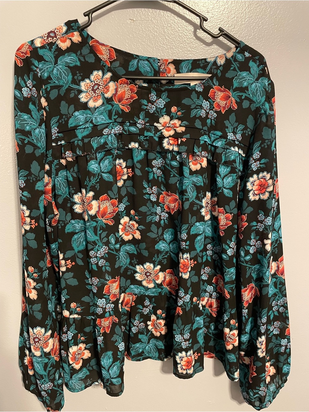 LOFT Floral Long-Sleeve Blouse - Teal & Coral on Black